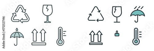Essential shipping and handling symbols for package delivery, storage, and environmental protection instructions