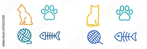 Minimalist domestic cat icons with silhouettes, paw prints, yarn, and fish