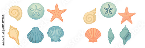 Vibrant watercolor style collection of diverse seashells, starfish, and sand dollars marine life elements