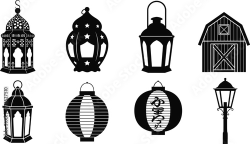 Black silhouette lantern collection, Japanese paper lamps, Islamic Ramadan lanterns, vintage street lamp, wooden barn icon, decorative festival light vector