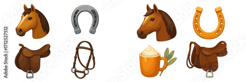 Detailed collection of equestrian themed items featuring horse heads, horseshoes, saddles, and a bridle for riding and stable activities