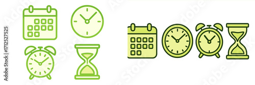 Collection of green outline icons featuring calendar, wall clock, alarm clock, and hourglass for time and date concepts