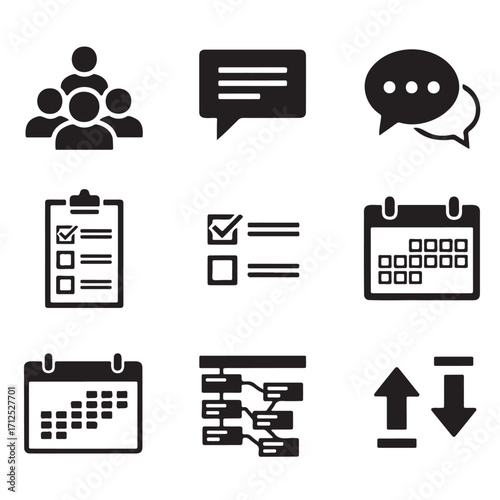A collection of nine icons representing various aspects of project management, including teamwork, communication, scheduling, task management, and workflow.
