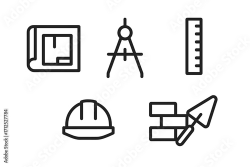 Construction and architectural design tools with safety helmet, blueprint, compass, ruler, bricks, trowel
