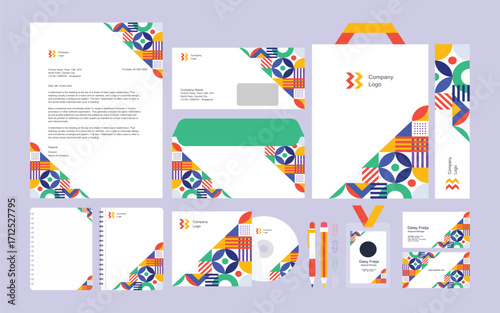 Creative and colorful corporate identity kit featuring multicolor patterns and full branding assets.