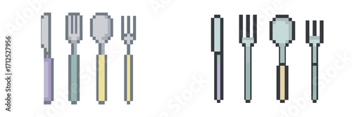 Retro pixel art style kitchen cutlery set with knives, forks, and spoons in different color variations for dining