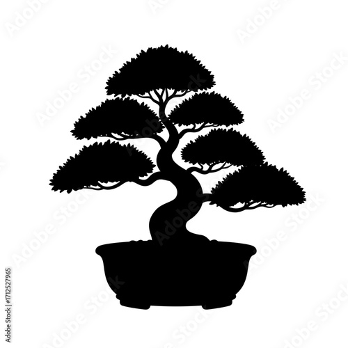 Stylized bonsai tree silhouette isolated on white background
