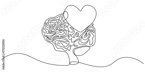 One continuous line drawing of half of a human brain and love in the shape of a heart logo icon. Philosophical of love and reason. Vector graphics post, One line drawing of half of a human brain style