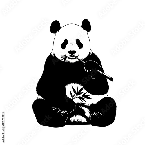 Giant panda eating bamboo silhouette isolated on white background