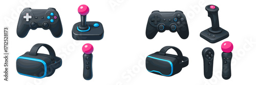 Modern video game controllers, virtual reality headsets, and joysticks for interactive digital entertainment