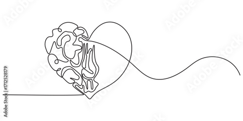 One continuous line drawing of half of a human brain and love in the shape of a heart logo icon. Philosophical of love and reason. Vector graphics post, One line drawing of half of a human brain style