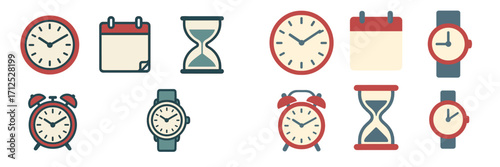 Diverse set of time and schedule icons featuring wall clocks, alarm clocks, wristwatches, calendar, and hourglass
