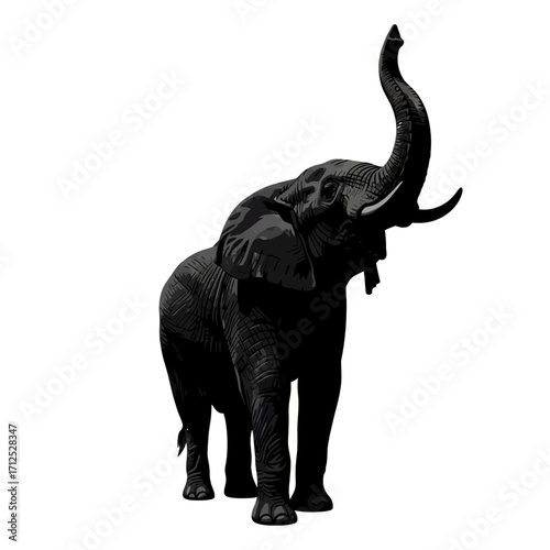 Black elephant silhouette with trunk raised isolated on white background