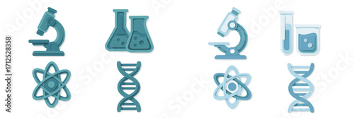 Essential science elements including microscopes, beakers, flasks, atoms, and DNA structures in a modern graphic style