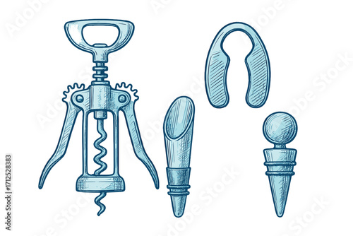 Essential wine accessories for connoisseurs and casual drinkers, including a corkscrew, bottle stopper, pourer, and foil cutter
