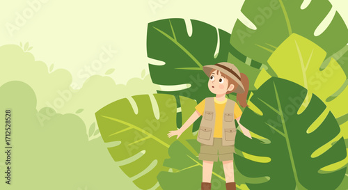 Explorer Girl Exploring Green Foliage and Discovering Wildlife in a Lush Tropical Forest