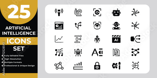 Artificial Intelligence Icons Set with Network and Robot Symbols