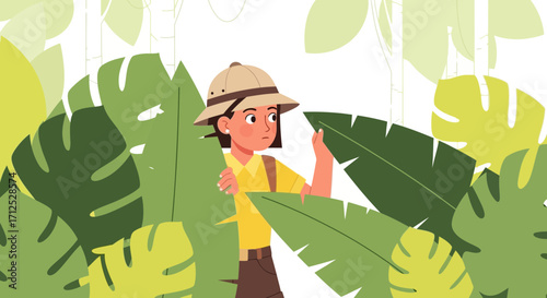 Explorer Girl Hiding In Lush Foliage, Discovering The Unknown, Jungle Illustration