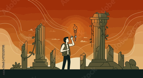 Explorer Illuminates Ancient Ruins with Torch amidst a Sunset Landscape