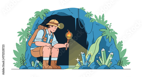 Explorer Illuminates A Crystalline Cave, Discovering Treasure Within Unexplored Depths