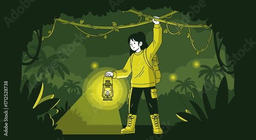 Explorer Illuminates Jungle Path With Lantern Hiking Adventure in Vivid Green Illustration