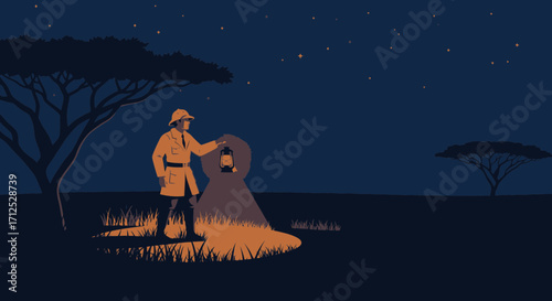 Explorer Illuminates the African Savanna Under a Night of Stars, Navigating the Wilderness