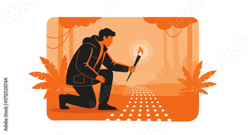 Explorer Illumination in Forest, Orange Vector Illustration Depicting Discovery and Guidance