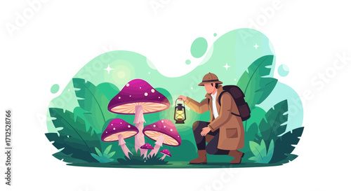 Explorer Illuminates Fungi Amidst Dense Foliage With A Glowing Lantern In Vivid Illustration