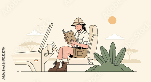 Explorer Immersed In Literature Unwinds, Resting On Her Expedition Vehicle Seat