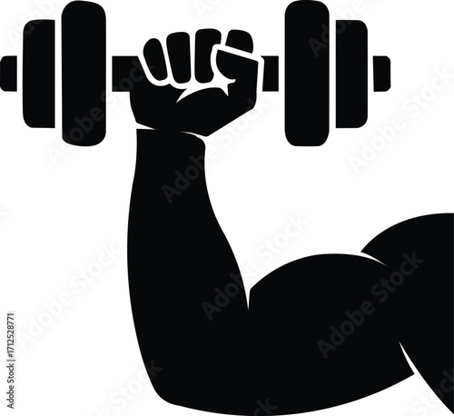 Strong muscular arm lifting dumbbell silhouette for fitness and strength training