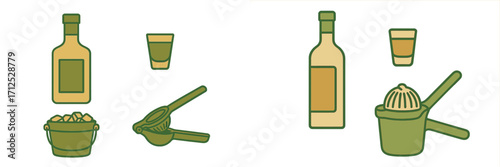 Essential barware items for mixing beverages, featuring a liquor bottle, shot glass, ice bucket, and citrus juicer