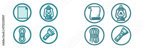 Outdoor adventure and camping equipment symbols featuring lanterns, flashlights, ropes, and documents