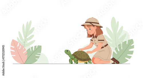 Explorer Interacting With A Tortoise, Botanical Illustration, Tropical Theme, Friendly Setting