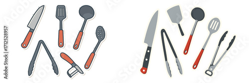 Diverse set of kitchen cooking tools and utensils including chef knife, slotted spoon, ladle, spatula, peeler, and tongs