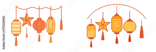 Vibrant orange and yellow hanging lanterns and stars with tassels for a festive celebration decoration