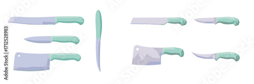 Modern low poly kitchen knives set with chef's, serrated, cleaver, paring, and boning blades in pastel colors