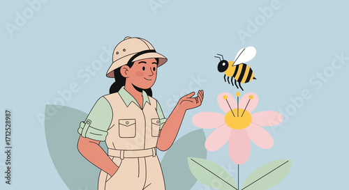 Explorer Interacts With A Bee Near A Flower In A Field Under A Blue Background