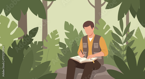 Explorer Journals His Observations Amidst Abundant Flora And Dense Tropical Forest Backdrop
