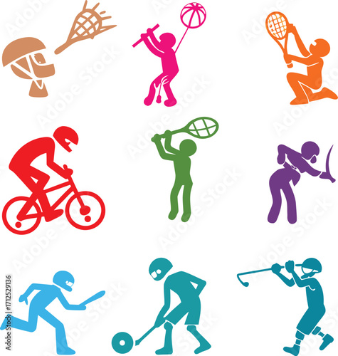 Assortment of Colorful Sports Icons Featuring Athletes in Action with Various Equipment activity recreation