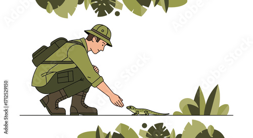 Explorer Kneeling Down To Observe a Lizard in Its Natural Habitat Illustration