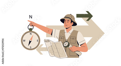 Explorer Locating Direction With Compass and Map for Adventure Journey Design
