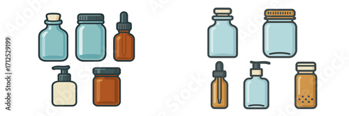 Group of empty transparent and amber glass bottles, jars, and pump dispensers with various closures