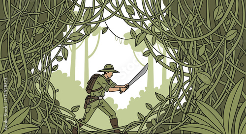 Explorer Navigating Lush Jungle Vegetation While brandishing Machete with Resolve