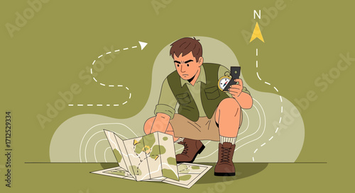 Explorer Navigating With Map And Compass Amidst Topographical Lines For Direction