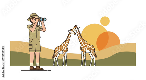 Explorer Observes Giraffes In Their Natural Habitat During A Sunset Scene Illustration
