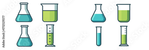 Colorful laboratory glassware set with beakers, flasks, test tubes, and graduated cylinders filled with green and blue liquids, representing scientific research and education