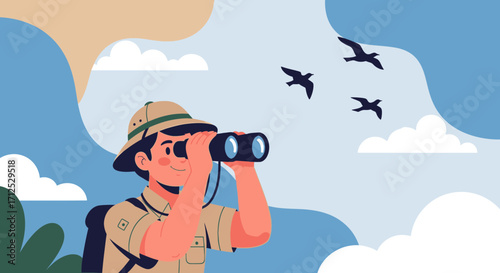 Explorer Observing Birds With Binoculars Under A Blue Sky and White Clouds Illustration