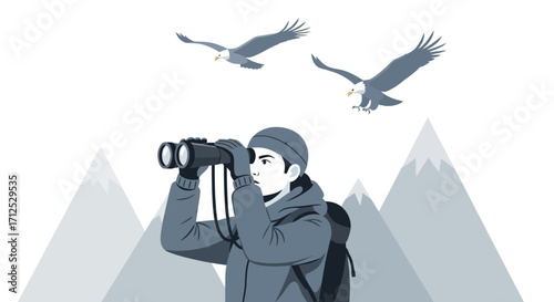 Explorer Observing Eagles With Binoculars On Mountain Peaks Under A Clear Sky