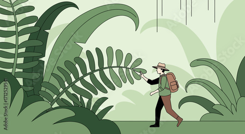 Explorer Observing Exotic Flora in Lush Greenery of a Tropical Jungle Environment
