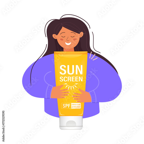 Woman embracing sunscreen lotion for uva and uvb protection